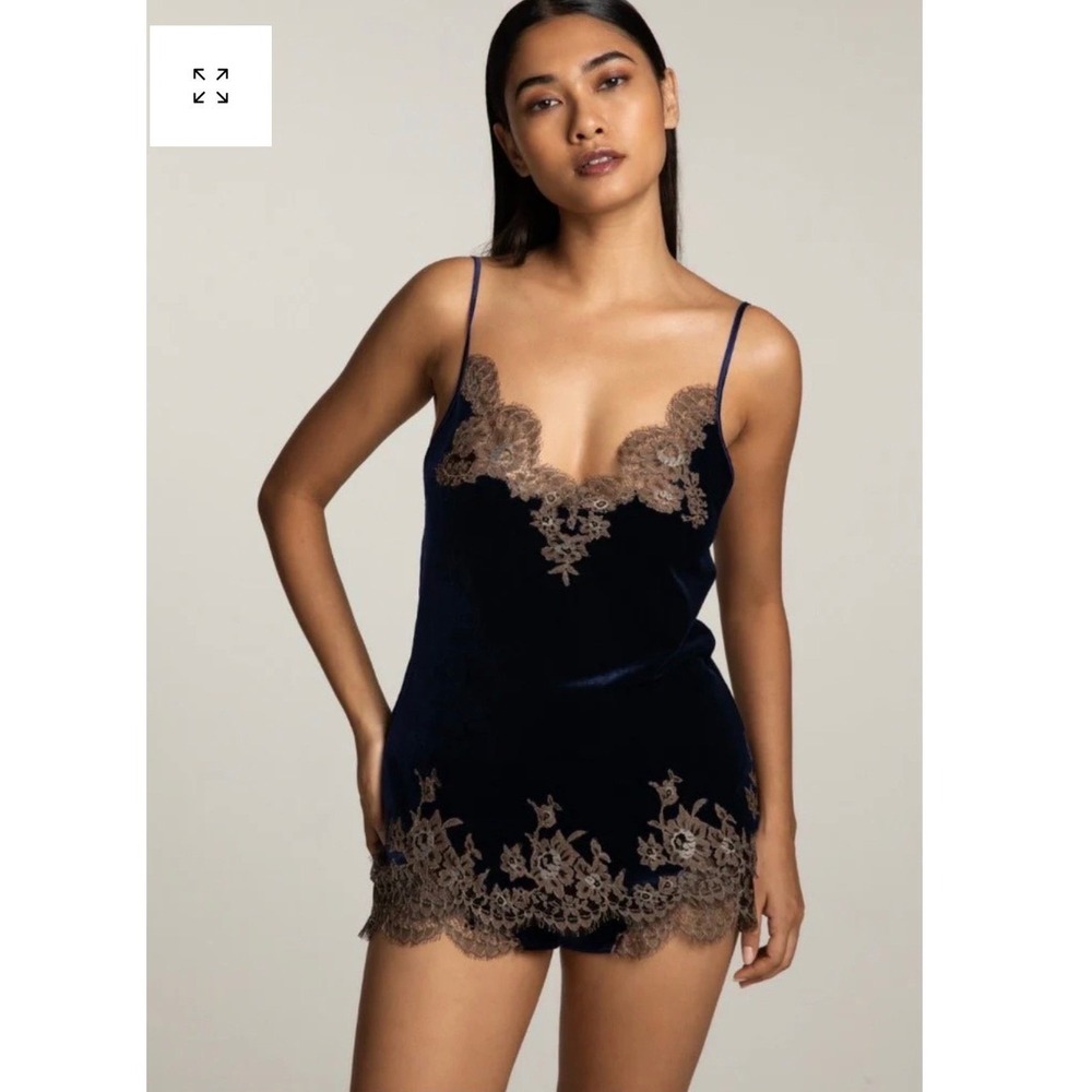 I.D. Sarrieri Chemise Nightgown Womens S Navy Blue Velvet Lace Trim Lingerie